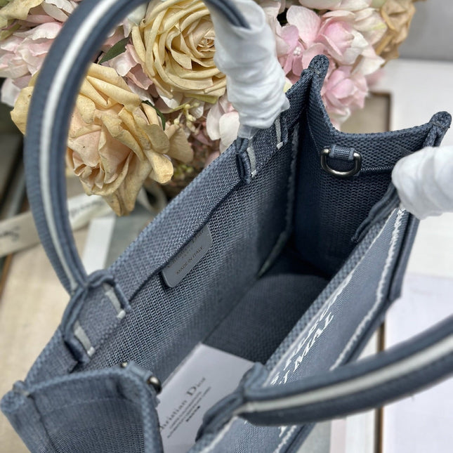 DIOR 26S BOOK TOTE BAG 26 IN GREY EMBROIDERED LETTERING FABRIC