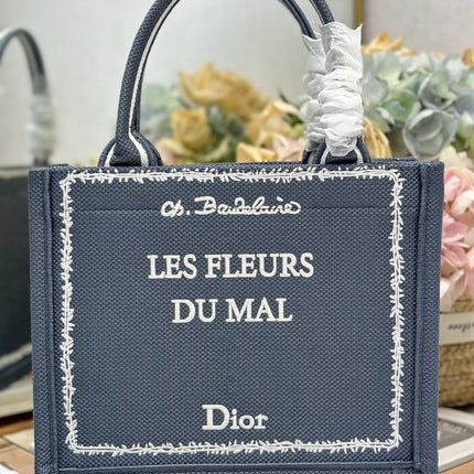 DIOR 26S BOOK TOTE BAG 26 IN GREY EMBROIDERED LETTERING FABRIC