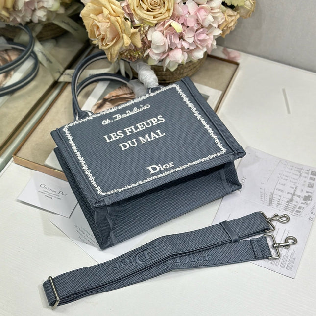 DIOR 26S BOOK TOTE BAG 26 IN GREY EMBROIDERED LETTERING FABRIC