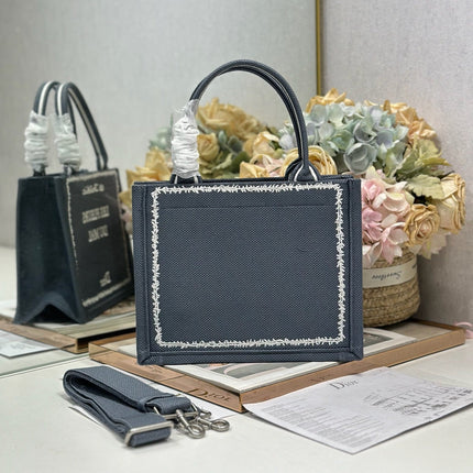 DIOR 26S BOOK TOTE BAG 26 IN GREY EMBROIDERED LETTERING FABRIC
