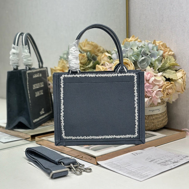 DIOR 26S BOOK TOTE BAG 26 IN GREY EMBROIDERED LETTERING FABRIC