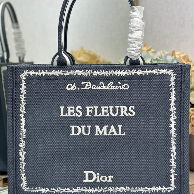 DIOR 26S BOOK TOTE BAG 36 IN GREY EMBROIDERED LETTERING FABRIC