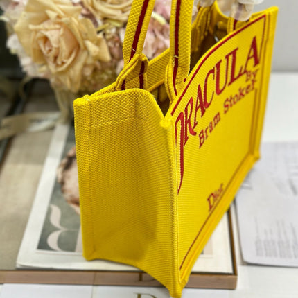 DIOR 26S BOOK TOTE BAG 26 IN YELLOW EMBROIDERED LETTERING FABRIC