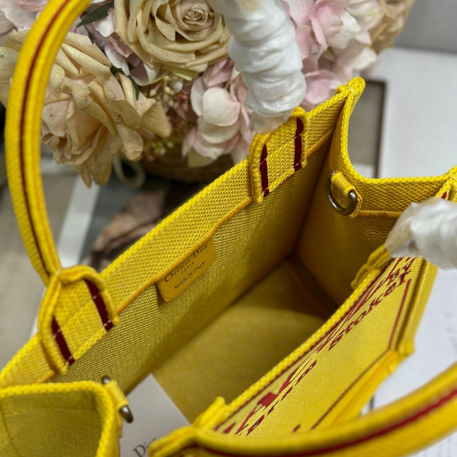 DIOR 26S BOOK TOTE BAG 26 IN YELLOW EMBROIDERED LETTERING FABRIC