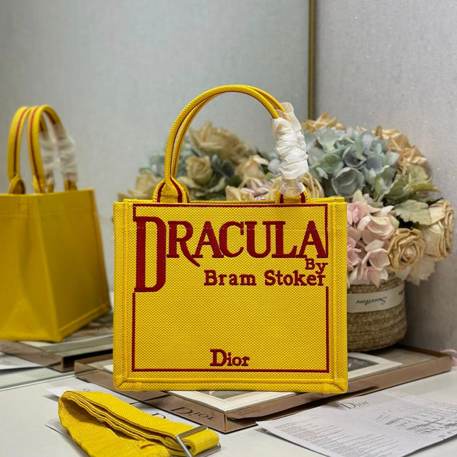 DIOR 26S BOOK TOTE BAG 26 IN YELLOW EMBROIDERED LETTERING FABRIC