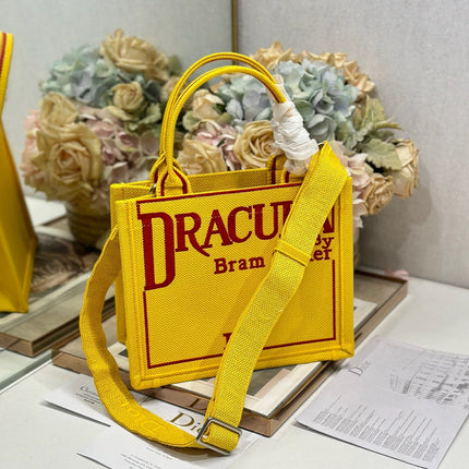 DIOR 26S BOOK TOTE BAG 26 IN YELLOW EMBROIDERED LETTERING FABRIC