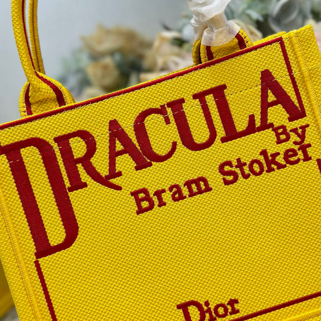 DIOR 26S BOOK TOTE BAG 26 IN YELLOW EMBROIDERED LETTERING FABRIC