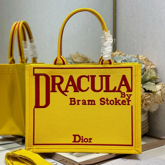 DIOR 26S BOOK TOTE BAG 36 IN YELLOW EMBROIDERED LETTERING FABRIC