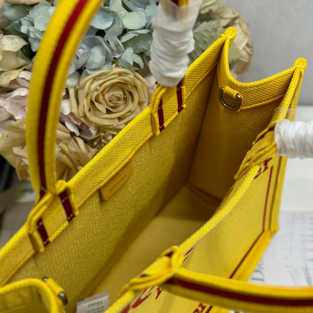 DIOR 26S BOOK TOTE BAG 36 IN YELLOW EMBROIDERED LETTERING FABRIC