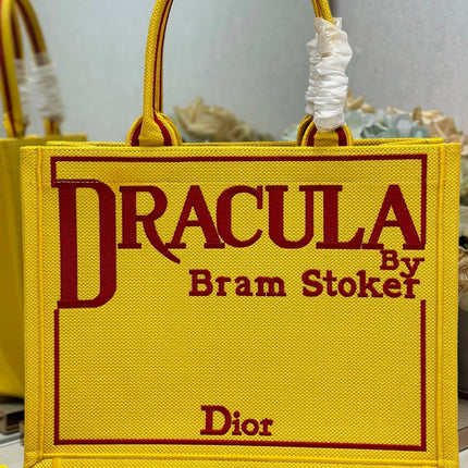 DIOR 26S BOOK TOTE BAG 36 IN YELLOW EMBROIDERED LETTERING FABRIC