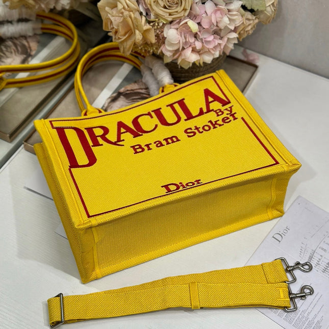 DIOR 26S BOOK TOTE BAG 36 IN YELLOW EMBROIDERED LETTERING FABRIC