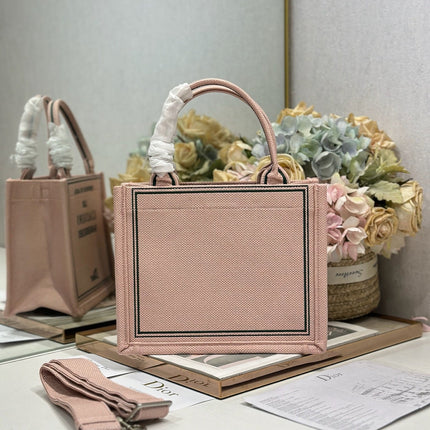 DIOR 26S BOOK TOTE BAG 26 IN PINK EMBROIDERED LETTERING FABRIC