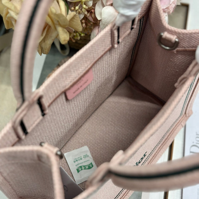 DIOR 26S BOOK TOTE BAG 26 IN PINK EMBROIDERED LETTERING FABRIC