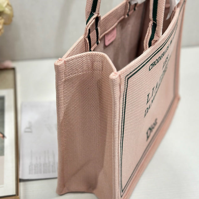 DIOR 26S BOOK TOTE BAG 36 IN PINK EMBROIDERED LETTERING FABRIC