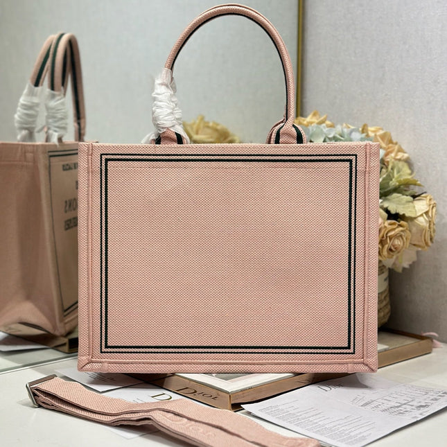 DIOR 26S BOOK TOTE BAG 36 IN PINK EMBROIDERED LETTERING FABRIC