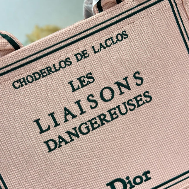 DIOR 26S BOOK TOTE BAG 36 IN PINK EMBROIDERED LETTERING FABRIC