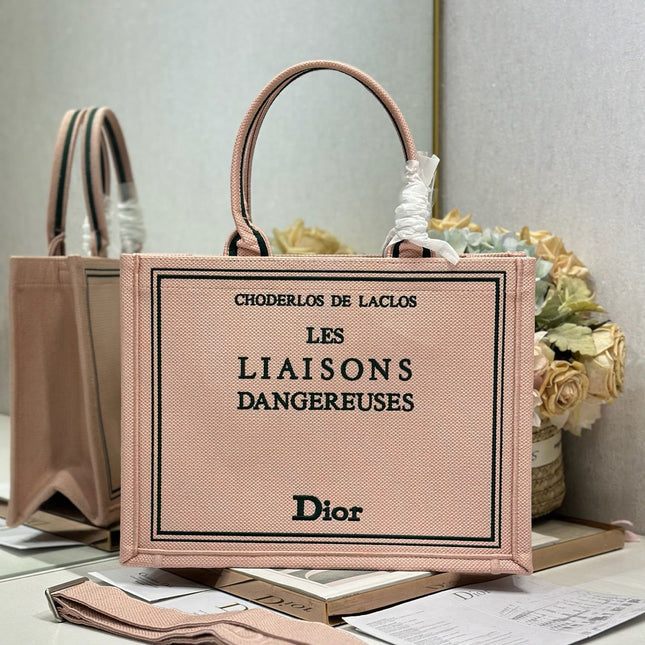 DIOR 26S BOOK TOTE BAG 36 IN PINK EMBROIDERED LETTERING FABRIC