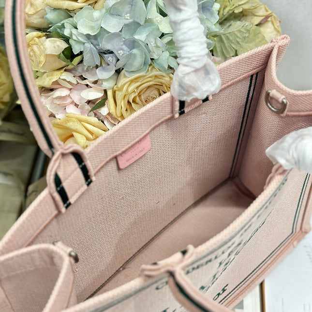 DIOR 26S BOOK TOTE BAG 36 IN PINK EMBROIDERED LETTERING FABRIC