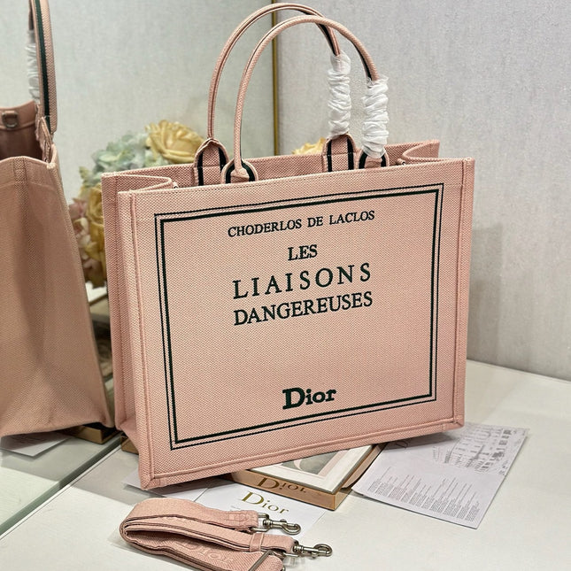 DIOR 26S BOOK TOTE BAG 42 IN PINK EMBROIDERED LETTERING FABRIC