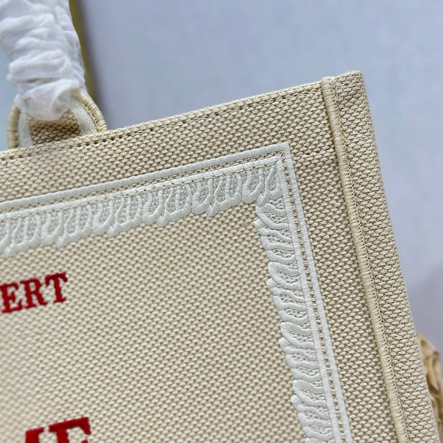 DIOR 26S BOOK TOTE BAG 42 IN BEIGE EMBROIDERED LETTERING FABRIC