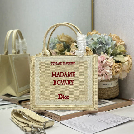 DIOR 26S BOOK TOTE BAG 26 IN BEIGE EMBROIDERED LETTERING FABRIC