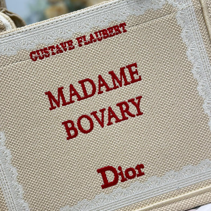 DIOR 26S BOOK TOTE BAG 26 IN BEIGE EMBROIDERED LETTERING FABRIC