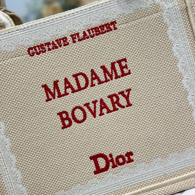 DIOR 26S BOOK TOTE BAG 26 IN BEIGE EMBROIDERED LETTERING FABRIC