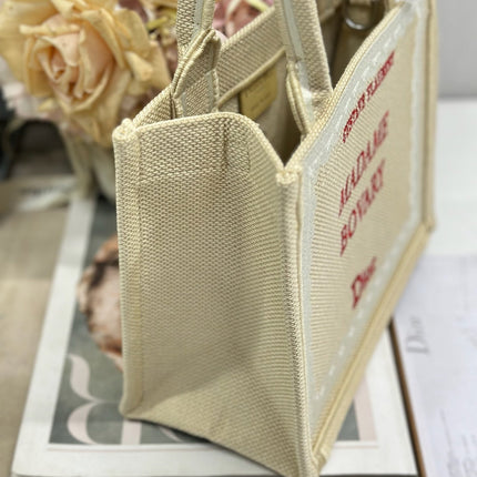 DIOR 26S BOOK TOTE BAG 26 IN BEIGE EMBROIDERED LETTERING FABRIC