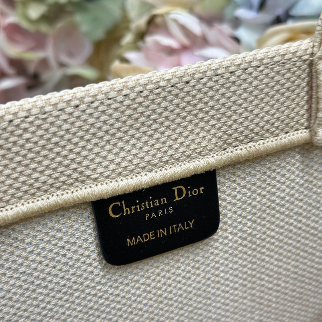 DIOR 26S BOOK TOTE BAG 36 IN BEIGE EMBROIDERED LETTERING FABRIC