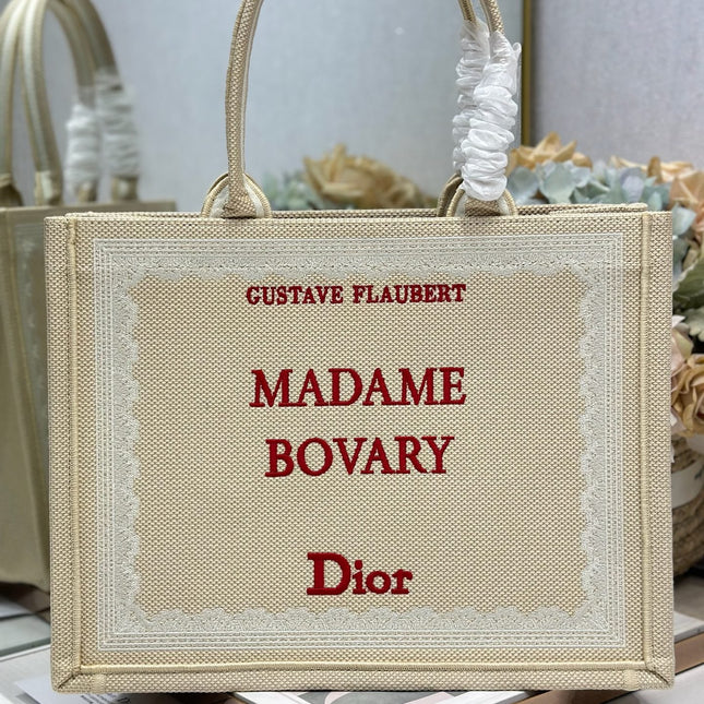 DIOR 26S BOOK TOTE BAG 36 IN BEIGE EMBROIDERED LETTERING FABRIC