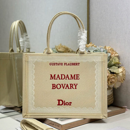 DIOR 26S BOOK TOTE BAG 36 IN BEIGE EMBROIDERED LETTERING FABRIC