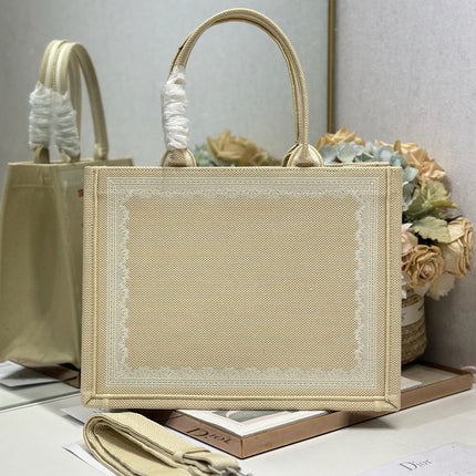 DIOR 26S BOOK TOTE BAG 36 IN BEIGE EMBROIDERED LETTERING FABRIC