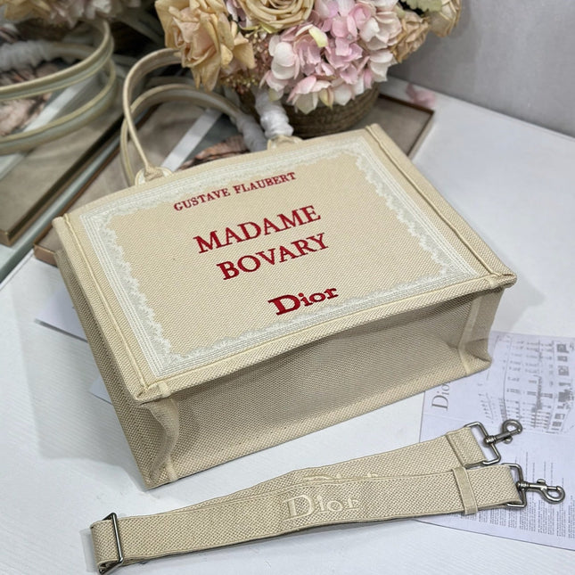 DIOR 26S BOOK TOTE BAG 36 IN BEIGE EMBROIDERED LETTERING FABRIC