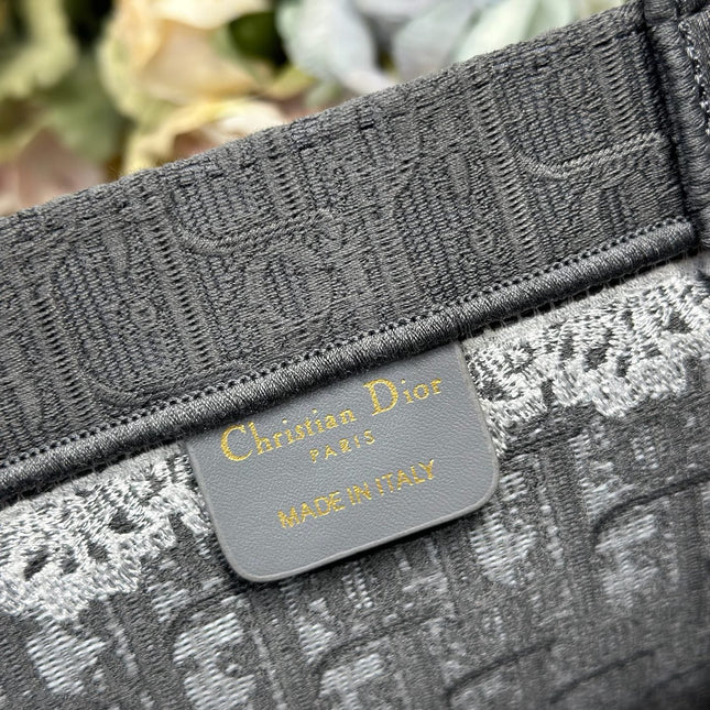 DIOR 26S BOOK TOTE BAG 42 IN GREY AND WHITE LACE BAYADERE FABRIC