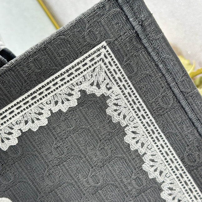 DIOR 26S BOOK TOTE BAG 42 IN GREY AND WHITE LACE BAYADERE FABRIC