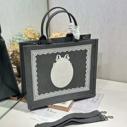 DIOR 26S BOOK TOTE BAG 42 IN GREY AND WHITE LACE BAYADERE FABRIC