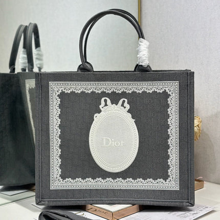 DIOR 26S BOOK TOTE BAG 42 IN GREY AND WHITE LACE BAYADERE FABRIC