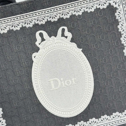 DIOR 26S BOOK TOTE BAG 42 IN GREY AND WHITE LACE BAYADERE FABRIC
