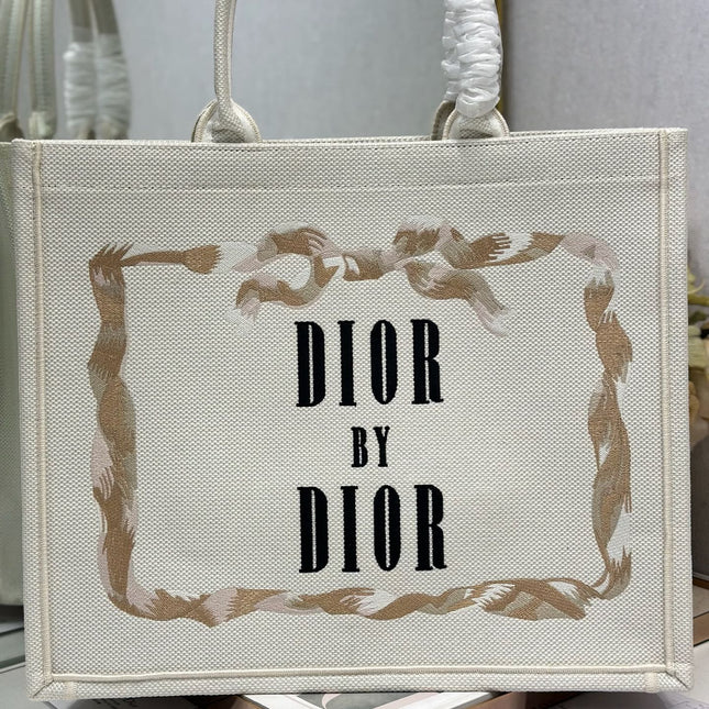 DIOR 26S TOTE BAG 36 IN CREAM BEIGE EMBROIDERED FABRIC