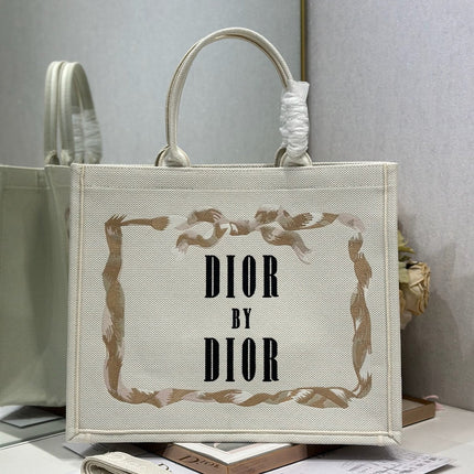 DIOR 26S TOTE BAG 36 IN CREAM BEIGE EMBROIDERED FABRIC