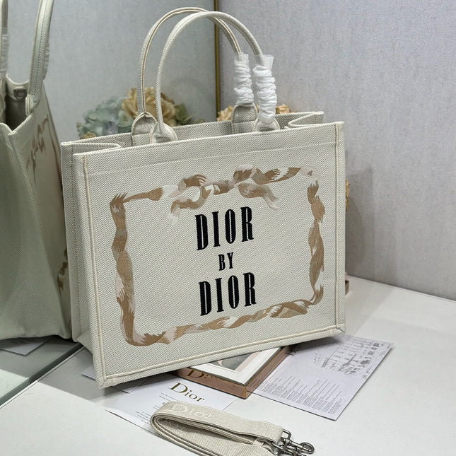 DIOR 26S TOTE BAG 36 IN CREAM BEIGE EMBROIDERED FABRIC