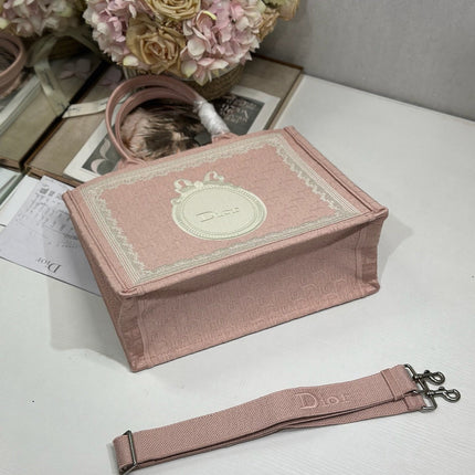 DIOR 26S  BOOK TOTE BAG 36 IN LIGHT PINK AND WHITE FABRIC