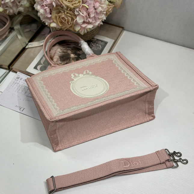 DIOR 26S  BOOK TOTE BAG 36 IN LIGHT PINK AND WHITE FABRIC