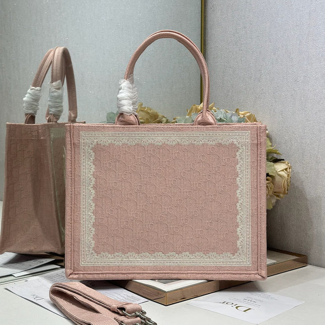 DIOR 26S  BOOK TOTE BAG 36 IN LIGHT PINK AND WHITE FABRIC