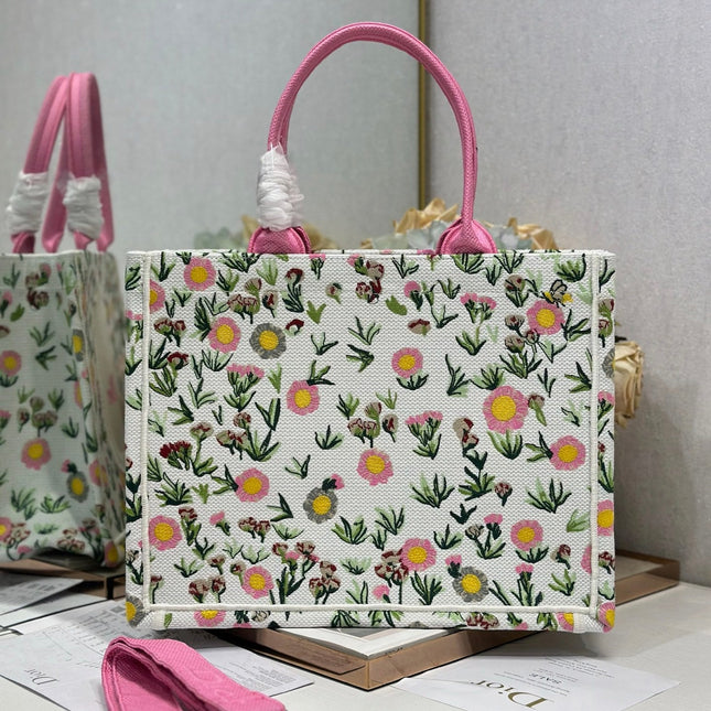 DIOR 26S BOOK TOTE BAG 36 IN MULTICOLOR FLORAL EMBROIDERED JACQUARD