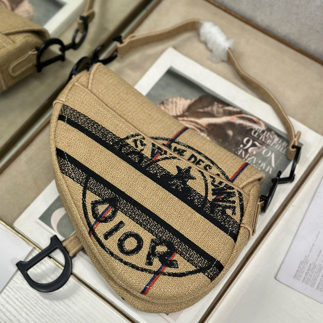 DIOR 26S SADDLE BAG 25 IN BEIGE EMBROIDERED FABRIC