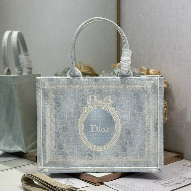 DIOR 26S BOOK TOTE BAG 36 IN LIGHT BLUE AND BEIGE BAYADERE FABRIC