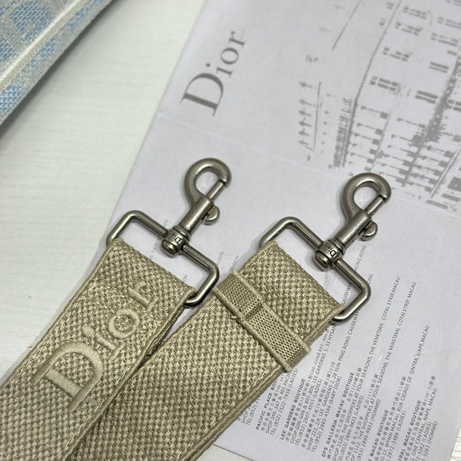 DIOR 26S BOOK TOTE BAG 42 IN LIGHT BLUE AND BEIGE BAYADERE FABRIC