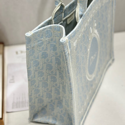 DIOR 26S BOOK TOTE BAG 36 IN LIGHT BLUE AND BEIGE BAYADERE FABRIC