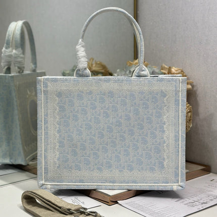 DIOR 26S BOOK TOTE BAG 36 IN LIGHT BLUE AND BEIGE BAYADERE FABRIC